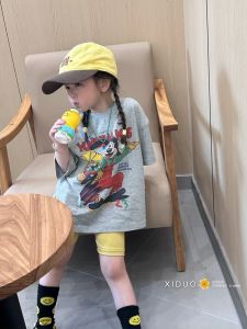 Korean Style Girls Cotton T-Shirt Short Sleeve round Neck Cartoon Print Summer Fashionable Kids Clothing Baby Girl Top
