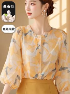 Elegant Silk Shirt Womens Mid-Sleeve Printed Top Fashionable Mulberry Silk Blouse Commute Style Regular Fit Korean Version