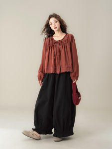 SHANGWEILUO | Áo Sơ Mi Cổ Tròn Dài Tay Đỏ Retro Thêu