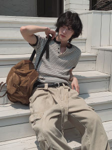 Ssumenam | Henley Collar Striped Korean Style Short Sleeve T-Shirt