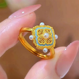 New Chinese Style Pearl Enamel Ring Womens Sweet Food Finger Ring Open Hand Ring Traditional Four Harmonious Lucky Ring