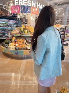 SLYQ เสื้อคลุมทรงสูทแบบ Casual แขนยาว 5 ส่วน ผ้าทวีด, รูปแบบ Bourton Pastel Tweed Blazer