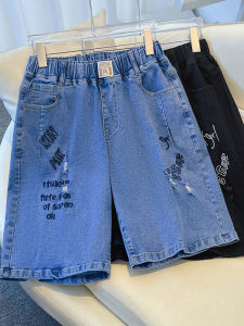 plus Size Womens Summer Elastic Waist Denim Shorts Loose Fit High Waist Slimming Blue Cotton Stretch Fabric Five-Quarter Length