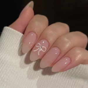 24PCS/set Simple White Bow Wear Fake Nails Short Almond Nude False Nail Glossy Full Coverage Acrylic Removable Press on Nail Art