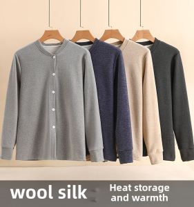 Mens Thick Warm Flannel Cardigan for Autumn and Winter Anti-cold Internal Clothes with Heating Fiber and Stand Collar