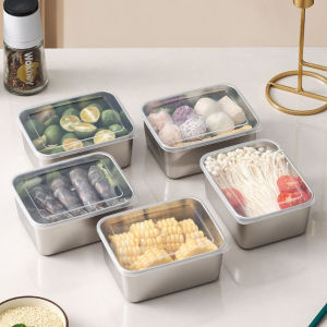 M.G.【Ready in Stock】 Fresh Keeping Box with Lid Stainless Steel Food Container Fridge Frozen Storage Box 1Pc