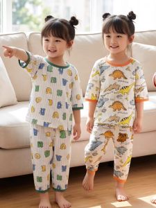 Pure Cotton Three-Quarter Sleeve Kids Sleepwear for Summer Air Conditioning