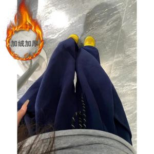 Quần Thể Thao Cạp Cao Màu Xanh Đậm Dài Thường Ngày Cho Nữ Quần Dài Ống Rộng Thoải Mái Quần Nỉ