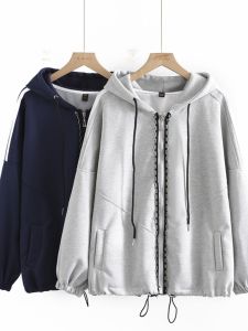 plus Size Zipper Hoodie Womens Spring Autumn Casual Sports Top Trendy Korean Style Long Sleeve Loose Fit with Pocket