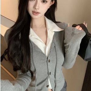 GUZILIAN | Classic Polo Collar Waist-Cinching Shirt Womens Long Sleeve Autumn Fashionable American Style Fake Two-Piece Trendy Top