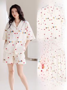MiiOW | Bộ đồ ngủ cotton nguyên chất mùa hè cho nữ Bộ đồ ngủ tay ngắn có đệm ngực Bộ đồ mặc nhà ba mảnh có thể mặc ngoài trời