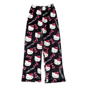 Adorable HelloKitty Coral Fleece Home Clothes Womens Pajamas Cat Cartoon Long Pants Warm Home Wear Spring Autumn Youth Size