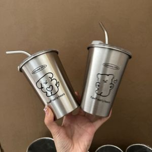 Ins style stainless steel teddy bear straw cup with lid heat-resistant high temperature resistant anti drop ice resistant coffee beverage cold drink cup water cup