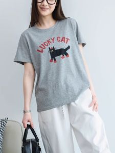 Spring Summer New Style Korean Simple Cat Thin Multi Purpose Shoulder Short Sleeve T Shirt Women Loose Slimming Top Cotton Polyester Blend round Neck