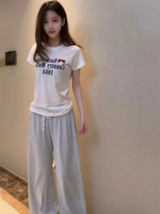 Slim Fit Short Sleeve T-Shirt Womens Summer White Shoulder American Letter Print Cotton Sweat Absorbent Commute Style Top