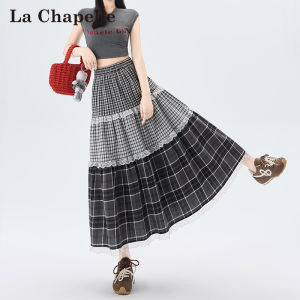 La Chapelle | Vintage Checkered Patchwork A-line Lace Trim Mid-length Skirt