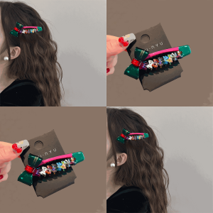 Sea And Blue~Dongda High-End Feeling Colorful Crystal Butterfly Knot Hair Clips Side Clips Duckbill Hair Clips for Girls