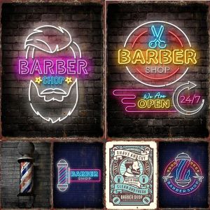 Barbershop Poster Barber Shave Beard Metal Tin Sign Rotating Colorful Light Pattern Iron Art Board Barberies Wall Decor Plaque