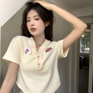 Wanita Lengan Pendek Baju Kaos Polos Ramping Atasan Leher V Kancing Tidak Beraturan Desain