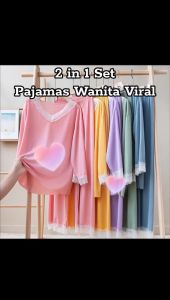 2 in 1 Set Baju Tidur Perempuan Wanita Pyjamas Women Long Sleeve Silk Sleepwear Pajamas Pakaian Malam Home Comfortable Murah Plain Pants Casual
