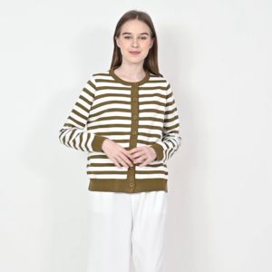 QUEENTIN Cardigan Rajut Casual Wanita 245 Knit Strecth Stripe Lengan Panjang