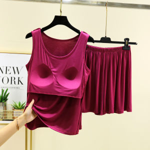 Modal Womens Short Sleeve Vest Shorts Set Summer Lightweight Sleepwear Pajamas Casual Outerwear Home Clothes round Neck