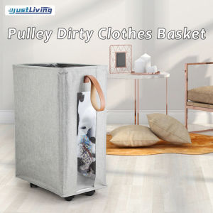 JustLiving Slim Laundry Basket with Wheels Collapsible & Waterproof Laundry Hamper Freestanding Narrow Corner Clothes Bins Toys Organizer with Carry Handles Laundry Organization Storage for Bathroom/Bedroom