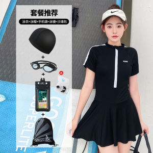 Fashionable Ins Slimming One-Piece Thermal Bathing Suit Womens Student Sport Style Casual Swimwear Short Sleeve with Chest Pad