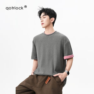QOTRIOCK | American Color Block Cuff Crew Neck Tshirt Short Sleeve