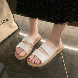 รองเท้าแตะส้นหนาสไตล์ฝรั่งเศสสำหรับผู้หญิง รองเท้าแตะสำหรับใส่ในบ้านและกลางแจ้ง รองเท้าแตะแบบหัวเข็มขัดแบบสวมสบายสำหรับนักศึกษาในอพาร์ทเมนท์