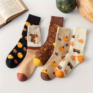 5 Pairs of Fashionable and Cute Brown Pumpkin Squirrel Anime Womens Mid Tube Socks With Personalized College Style Casual Socks