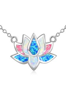 Dainty Lotus Flower Pendant NecklaceLove Heart Design with White Opal & Silver Color ChainValentines Birthday Gift for Women