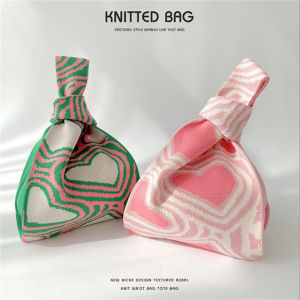 Luoke Vest Bag Trendy Knitted Color Contrast Heart Single Shoulder Handbag Versatile Carrying Bag Large Capacity Tote Bag