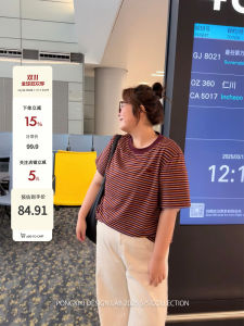 Áo Thun Nữ Dáng Rộng Cotton Nguyên Chất PONGKIKI Họa Tiết Sọc Thông Minh Mùa Hè Tay Ngắn Cổ Tròn Chất Liệu Cotton Thoáng Khí