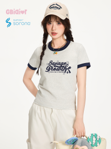 เสื้อยืดแขนสั้นผู้หญิง Gbiaior ทรงเข้ารูปพิมพ์ลายตัวอักษรสั้นสไตล์ย้อนยุคฤดูร้อน 2025 เสื้อเชิ้ตคอตตอนผสมโพลีเอสเตอร์