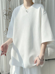 White V-Neck Ice Silk Short Sleeve T-Shirt Mens Summer Loose Fit Half Sleeve American Trendy Brand Heavy Top Polyester Fiber