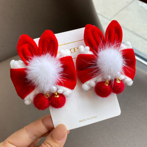 Childrens Red Festive Hanfu Hair Accessories Bunny Ears Hair Clips Girls New Year Visit Headwear Traditional Chinese Style