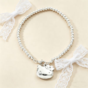 Sanrio | Hello Kitty Zinc Alloy Beaded Bracelet - Silver Plated Cute Cat Charm Elastic Ball Chain Kawaii Jewelry for Girls & Fans