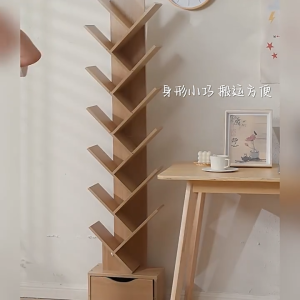 ชั้นหนังสือเรียบง่าย ตู้หนังสือรูปต้นไม การจัดเก็บหลายชั้นเพื่อเพิ่มความจุ ประหยัดพื้นที่ แบบมีร่องแคบหลายชั้นแบบตั้งพื้นชั้นเก็บของห้องนั่ง