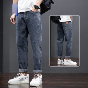 ROMON | Romon Mens Summer Thin Loose Straight Korean Style Casual Jeans Elastic Trendy Brand Long Pants Youth Popular Cotton Polyester Blend