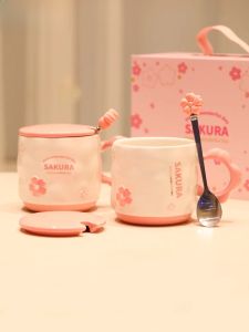 Sakura Ceramic Mugs Cute Birthday Gifts for Girls Coffee Water Cups with Lid Spoon Home Trendy Floral Pattern Fresh Style