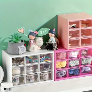 ชุดกล่องเก็บของพลาสติก 4 ชิ้น พร้อมลิ้นชักกันฝุ่น 9 ช่อง เหมาะสำหรับจัดเก็บเครื่องเขียนบนโต๊ะทำงาน จัดระเบียบเครื่องสำอาง