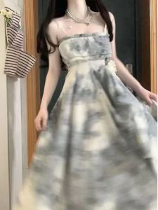 Sun Protection A-Line Dress Set for Girls Student Summer New Style Fresh Print Princess Skirt Three-acetate Fiber 100%