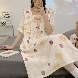 ชุดนอนผู้หญิงฤดูร้อน ชุดนอนเซ็กซี่ ชุดนอนผู้หญิงตั้งครรภ์ ชุดนอนผ้าฝ้ายผสมโพลีเอสเตอร์ แขนสั้น คอวี ลายการ์ตูน