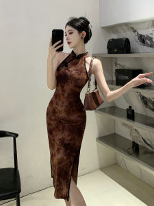 New Chinese Style Daily Retro Improved Cheongsam Print Slimming Evening Gown High-End Feeling Velvet Neck Hanging Dress Women