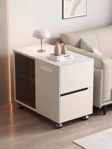 Luxurious Sofa Side Table on Wheels Mobile Wooden End Table Living Room Storage Space Cream Style Rock Surface Square Shape