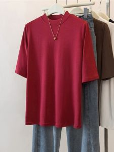 Fashionable Half-High Collar Short Sleeve T-Shirt for Women Summer Large Size Weighty MM Stylish All-Match Slimming Solid Color Top