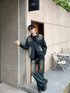 Vintage Washed Denim Pants And Long Trousers Mens Fashion Set Two-Piece Flared Leggings Autumn Season Long Sleeve Youth