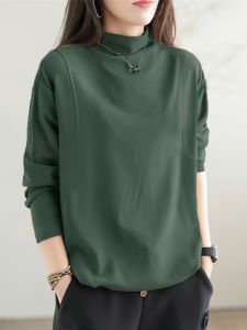 Autumn and Winter Wild Half-High Collar Long Sleeves T-Shirt Womens Pure Cotton Printed Loose Top Womens Plus Size Casual Slim Looking Bottoming Shirt