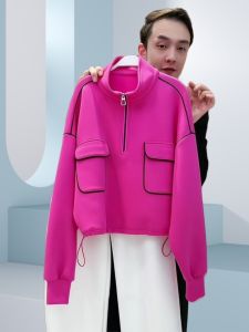 Loose Fit Long Sleeve Hoodie Womens Spring Autumn Thin Color Block Stand Collar Jacket Comfortable Breathable Cotton Casual Streetwear